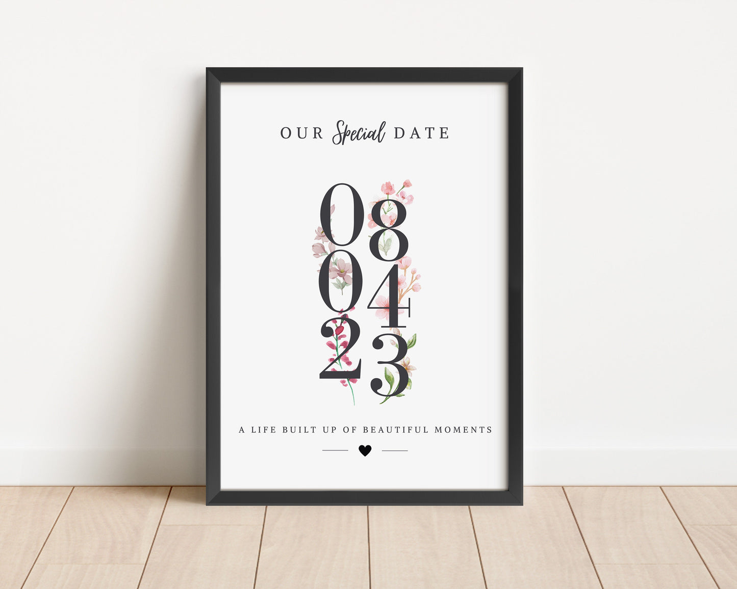 Custom Floral Anniversary Date Print: Birthday Gift for Partner Wife, Framed Date Poster