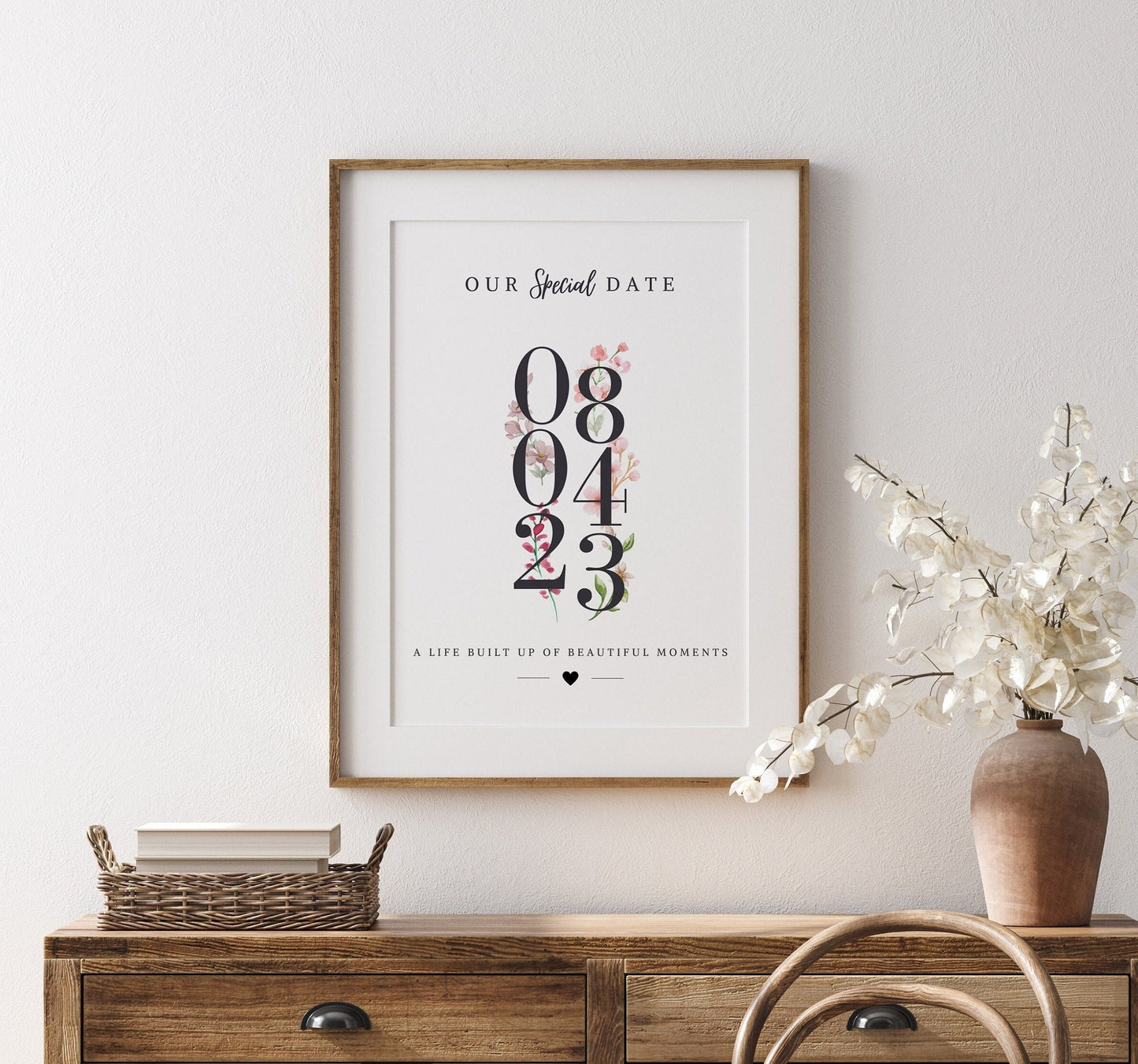 Custom Floral Anniversary Date Print: Birthday Gift for Partner Wife, Framed Date Poster