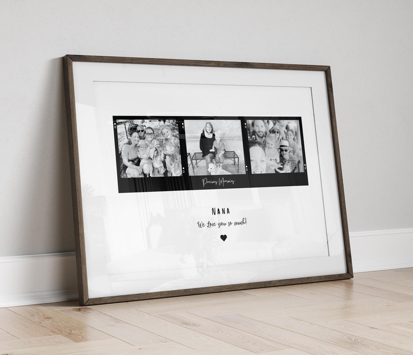Personalized 'Nana' frame with a customizable title, featuring three Polaroid-style photos in color or black and white. Available with an optional black or white frame. A heartfelt quote is displayed underneath, making it a perfect sentimental gift.