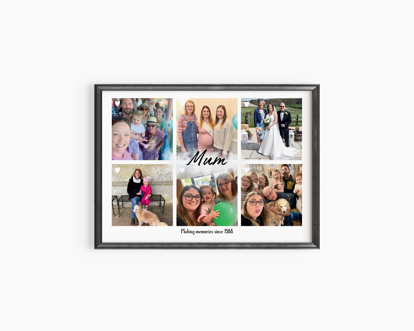 A framed personalized photo collage featuring six family pictures arranged in a grid. The center of the collage has the word 'Mummy' written in elegant script, with the phrase 'Making memories since 2022' below it. The photos capture various moments, including beach outings, family gatherings, and fun activities with a child. The frame is white, and small heart icons are placed on some of the images, adding a sentimental touch.