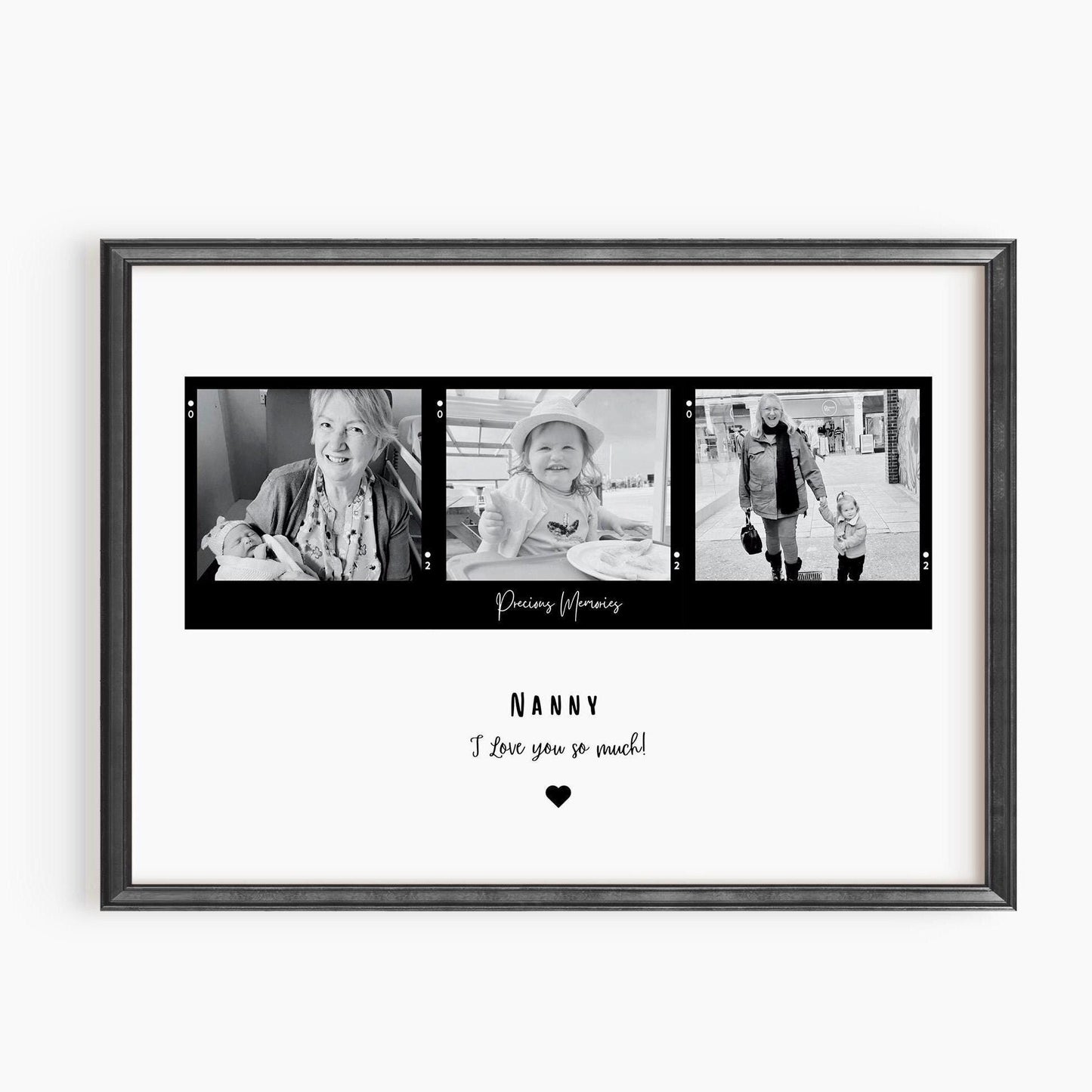 Personalized 'Nana' frame with a customizable title, featuring three Polaroid-style photos in color or black and white. Available with an optional black or white frame. A heartfelt quote is displayed underneath, making it a perfect sentimental gift.