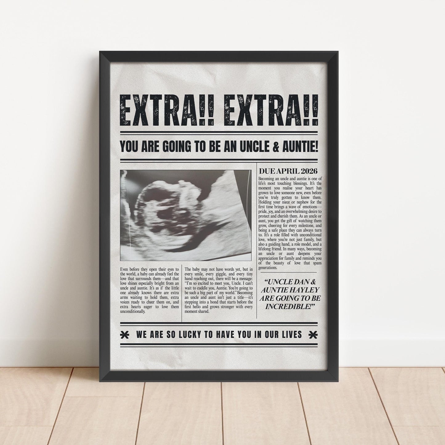 Custom Pregnancy Announcement Newspaper, Auntie & Uncle Baby Reveal
