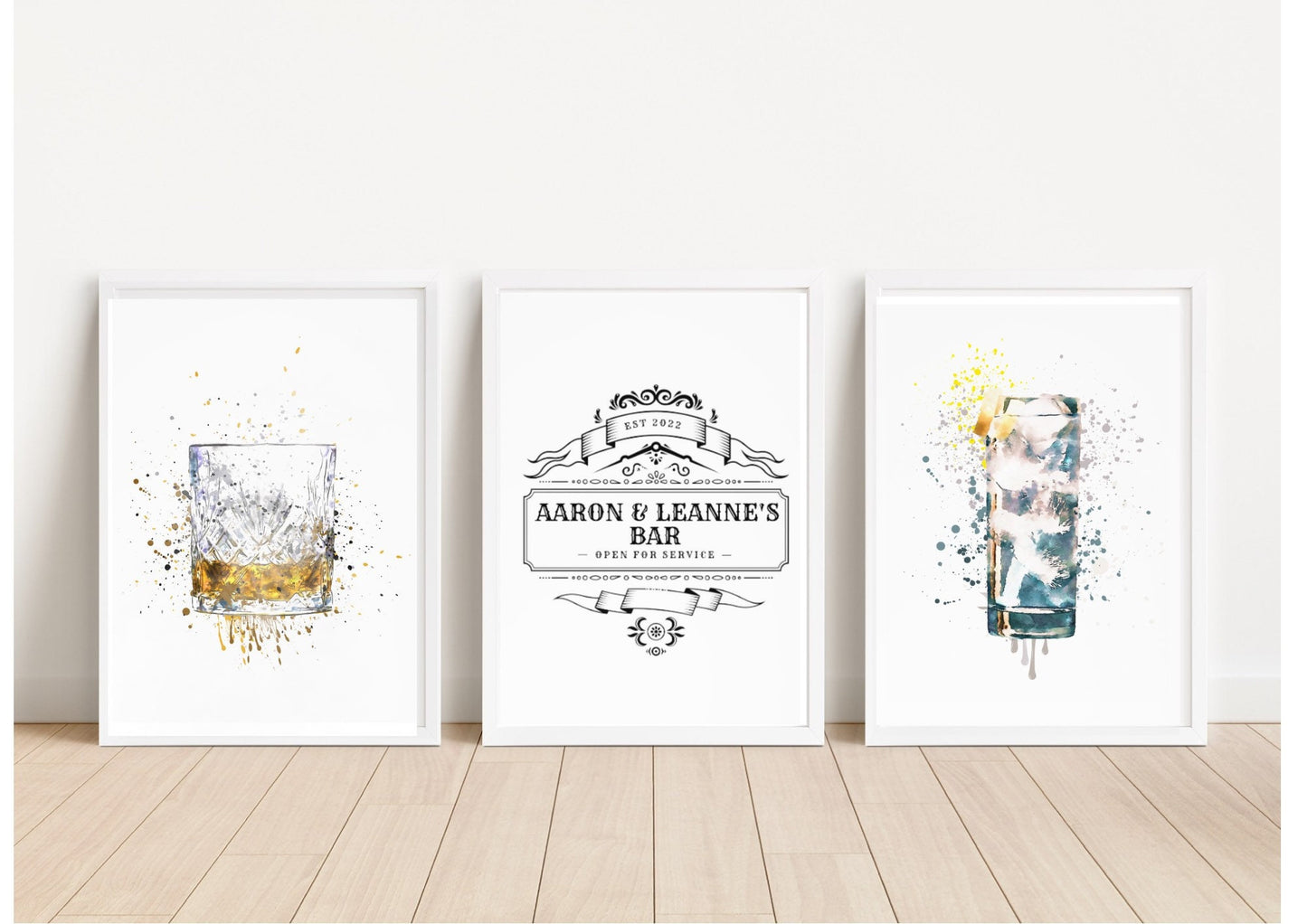 Personalized Home Bar Art Prints: Whiskey & Cocktails Watercolor Set