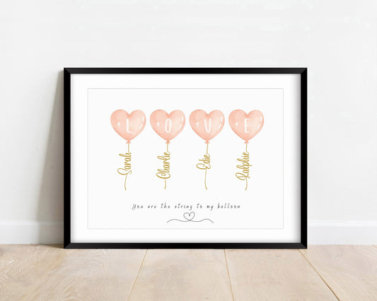 Personalized Family Balloon Portrait Print: Watercolor Line Art