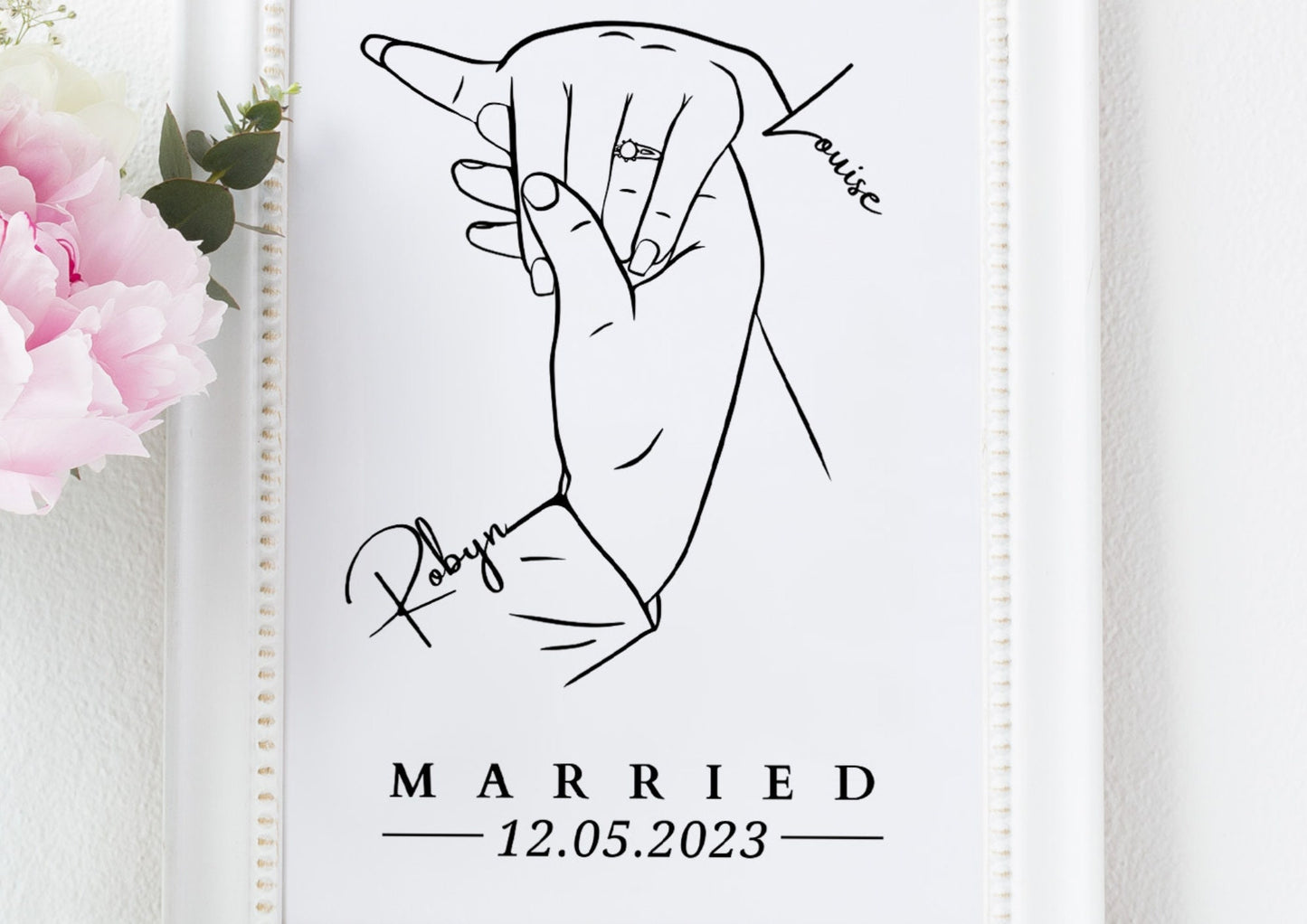 Personalised Married Hand Print, Newly Wed Gift, Wedding Line Art, Wedding Day Gift, Holding Hands Gift, Anniversary Idea, Bride and Groom