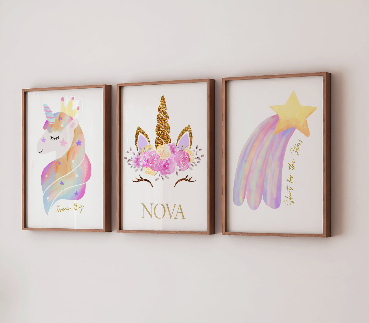 Personalised Unicorn Rainbow Nursery Prints: Set of 3 Pastel Style Wall Art