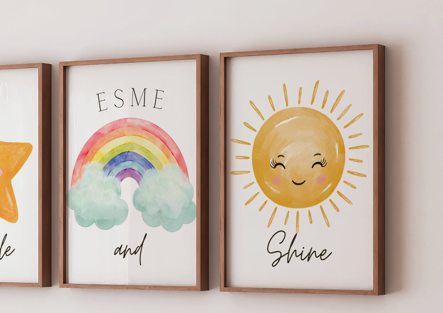 Personalised Star and Rainbow Prints Set of 3, Watercolor Star Rainbow Sun, Sparkle and Shine, Baby Girl Wall Art, Nursery Decor Bedroom