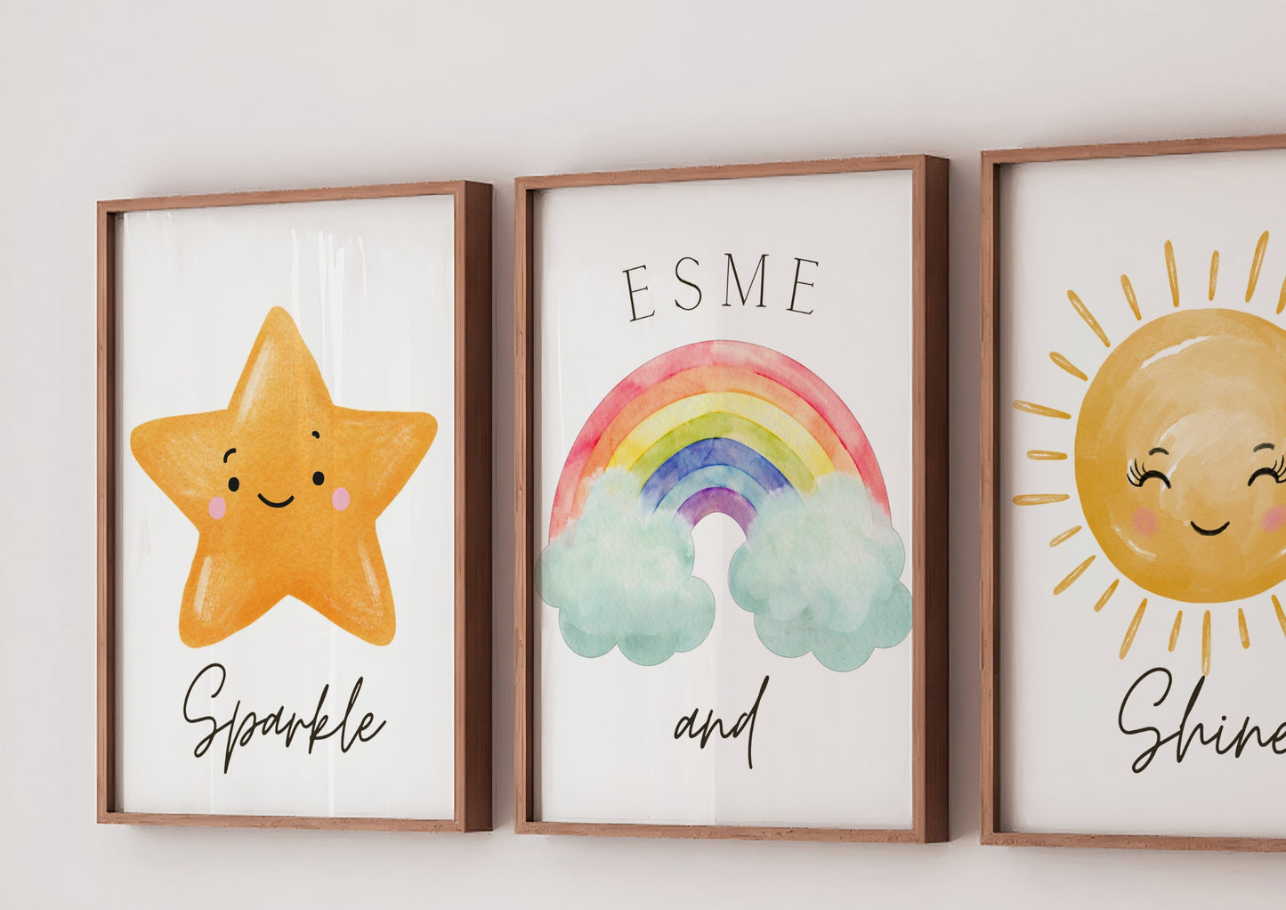 Personalised Star and Rainbow Prints Set of 3, Watercolor Star Rainbow Sun, Sparkle and Shine, Baby Girl Wall Art, Nursery Decor Bedroom
