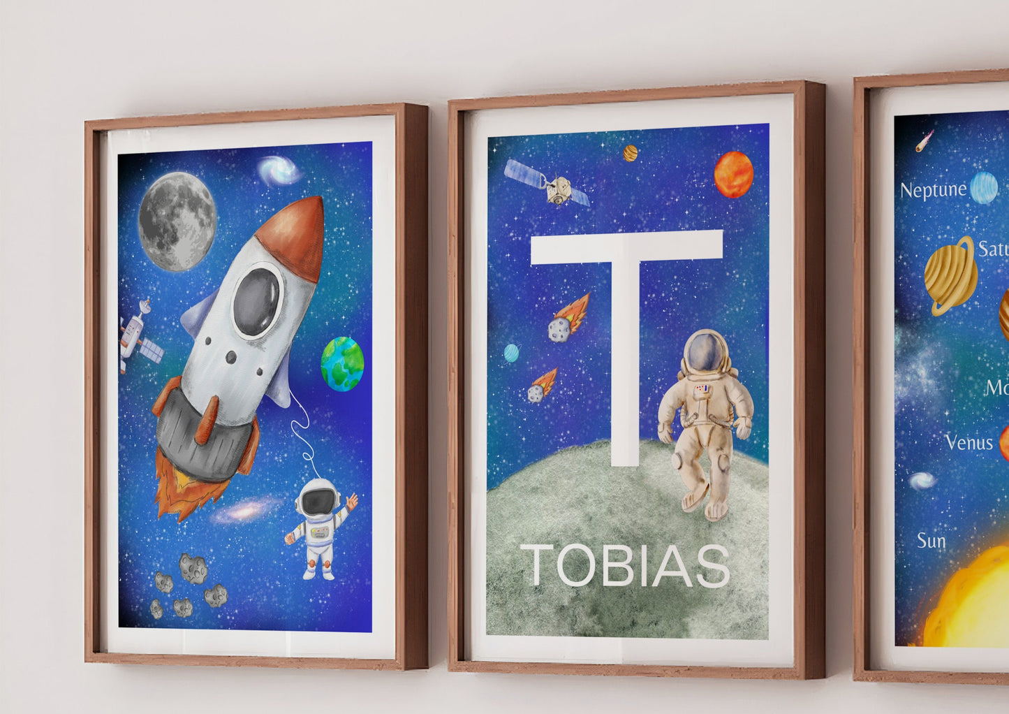 Personalised Space Nursery Print Set, Solar System, Rocket, Astronaut (PDF)