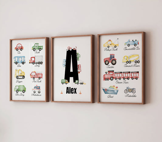 Personalised Vehicle Print Set: Watercolour Car Theme Nursery Art (PDF)