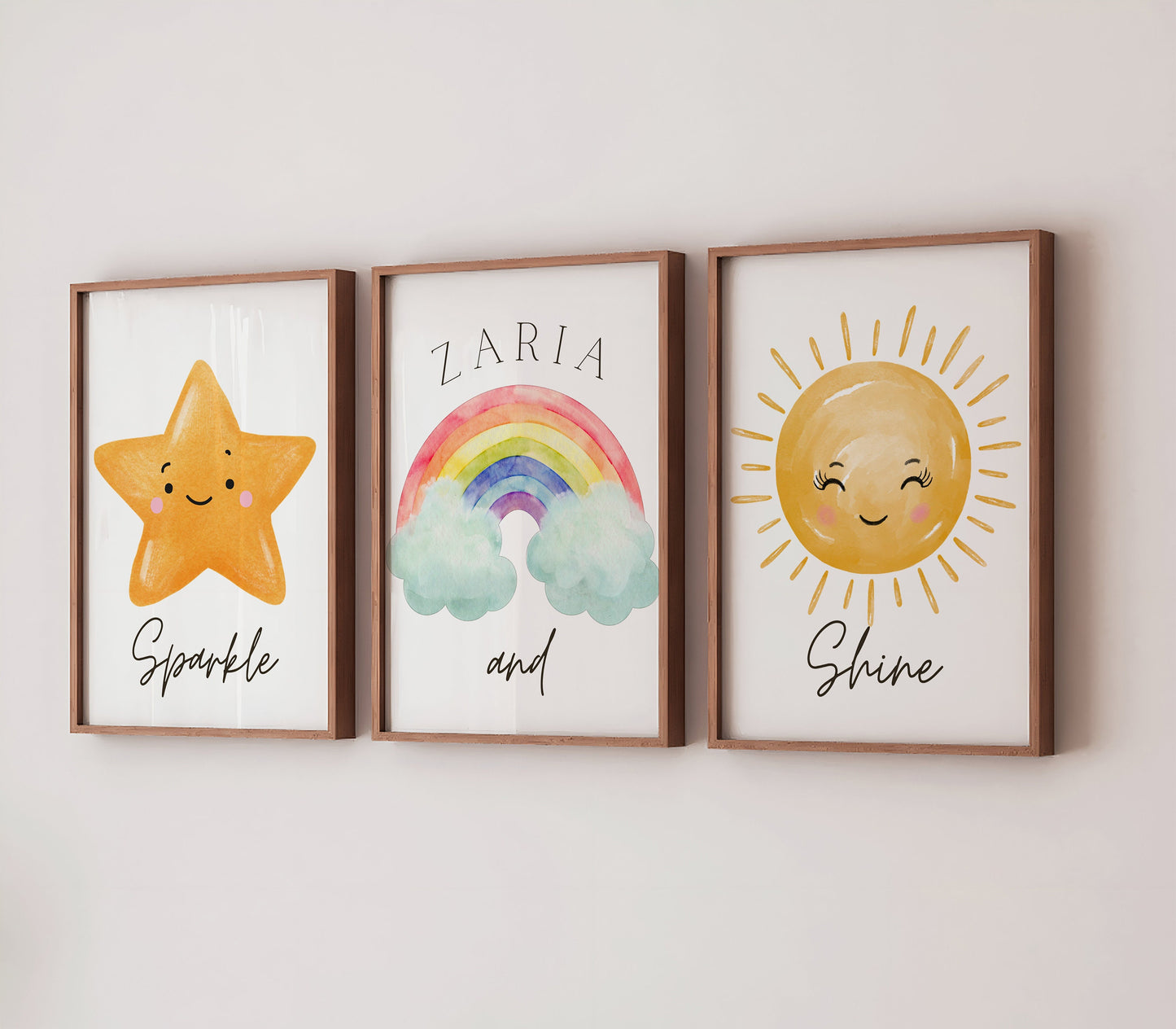 Personalised Star and Rainbow Prints Set of 3, Watercolor Star Rainbow Sun, Sparkle and Shine, Baby Girl Wall Art, Nursery Decor Bedroom