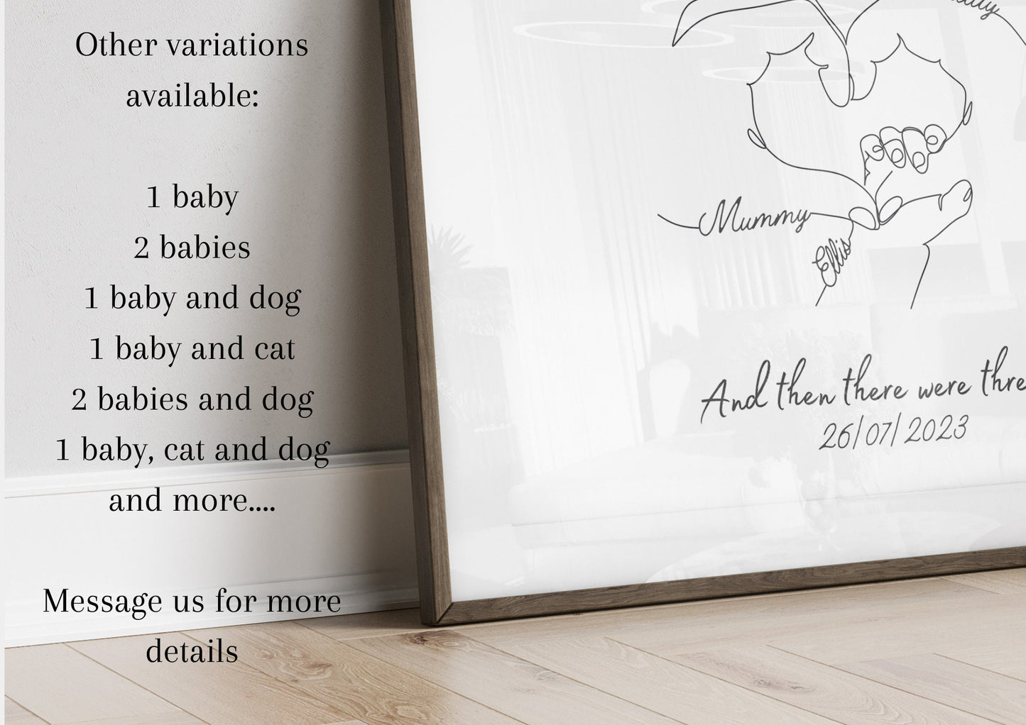 Personalised Family of Four Gift, Newborn Print Mum, Second Baby Hands Print, New Family, Minimalist Line Art, Unique Birthday Gift Mom