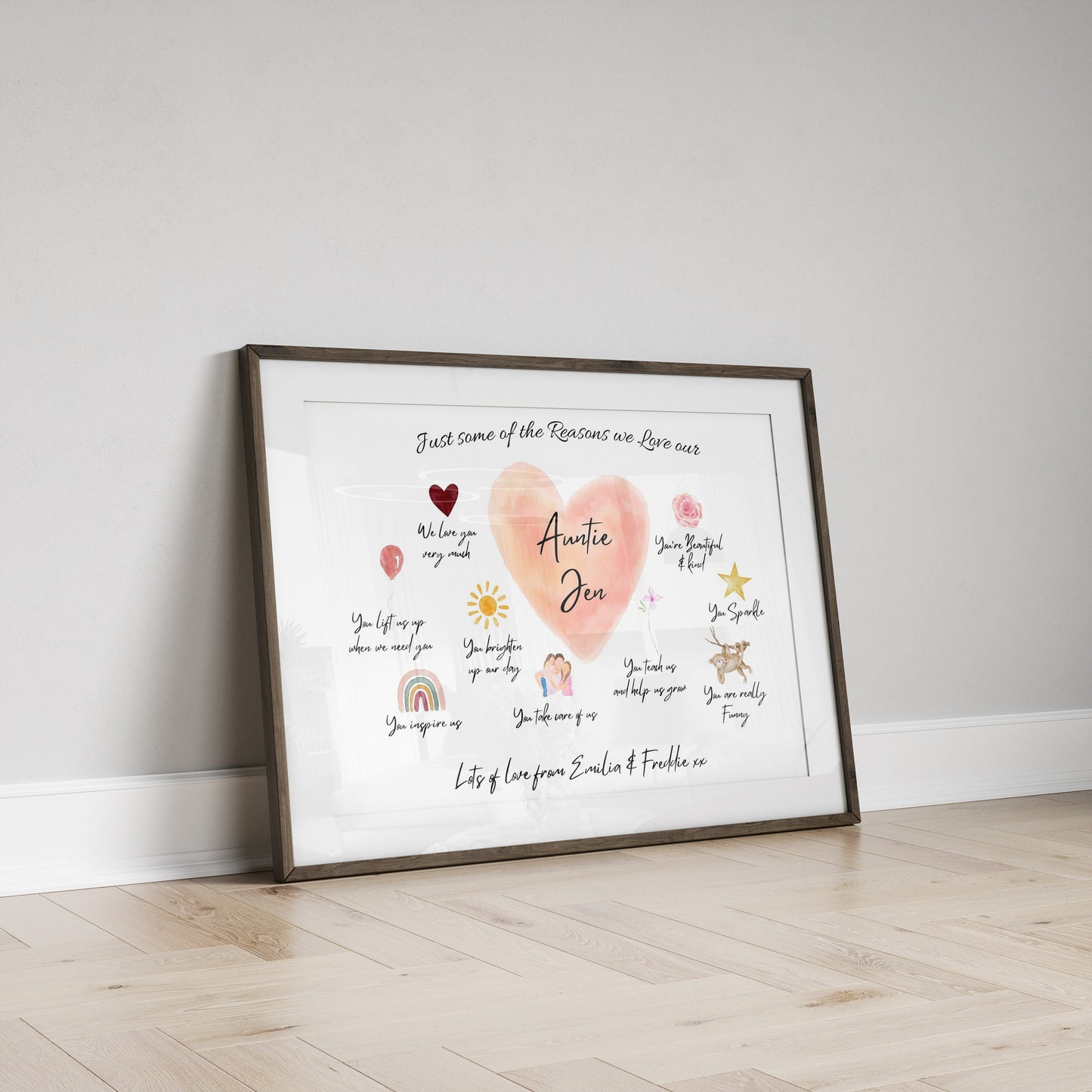 Personalized Auntie Reasons I Love You Print - Framed Watercolor Art