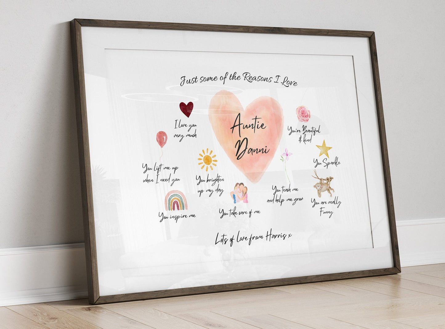 Personalized Auntie Reasons I Love You Print - Framed Watercolor Art