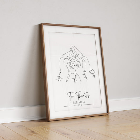 Personalised Family Hands Line Art Print: Newborn Gift
