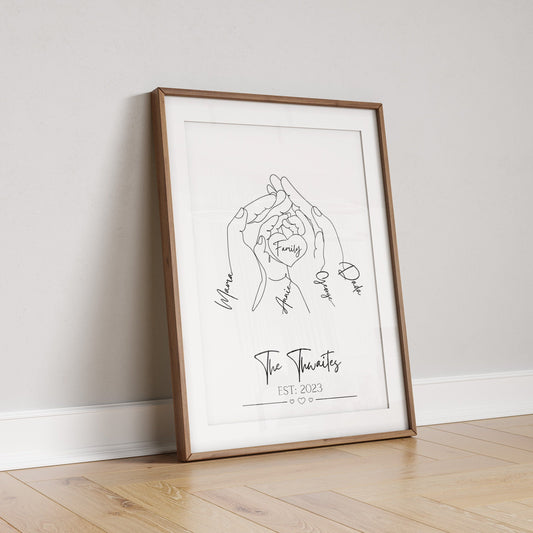 Personalised Family Hands Line Art Print: Newborn Gift