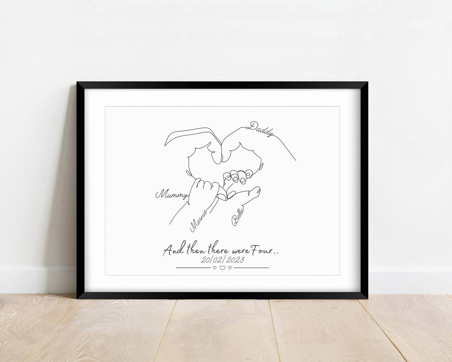 Custom family portrait in black and white line drawing style, featuring parents and two children.