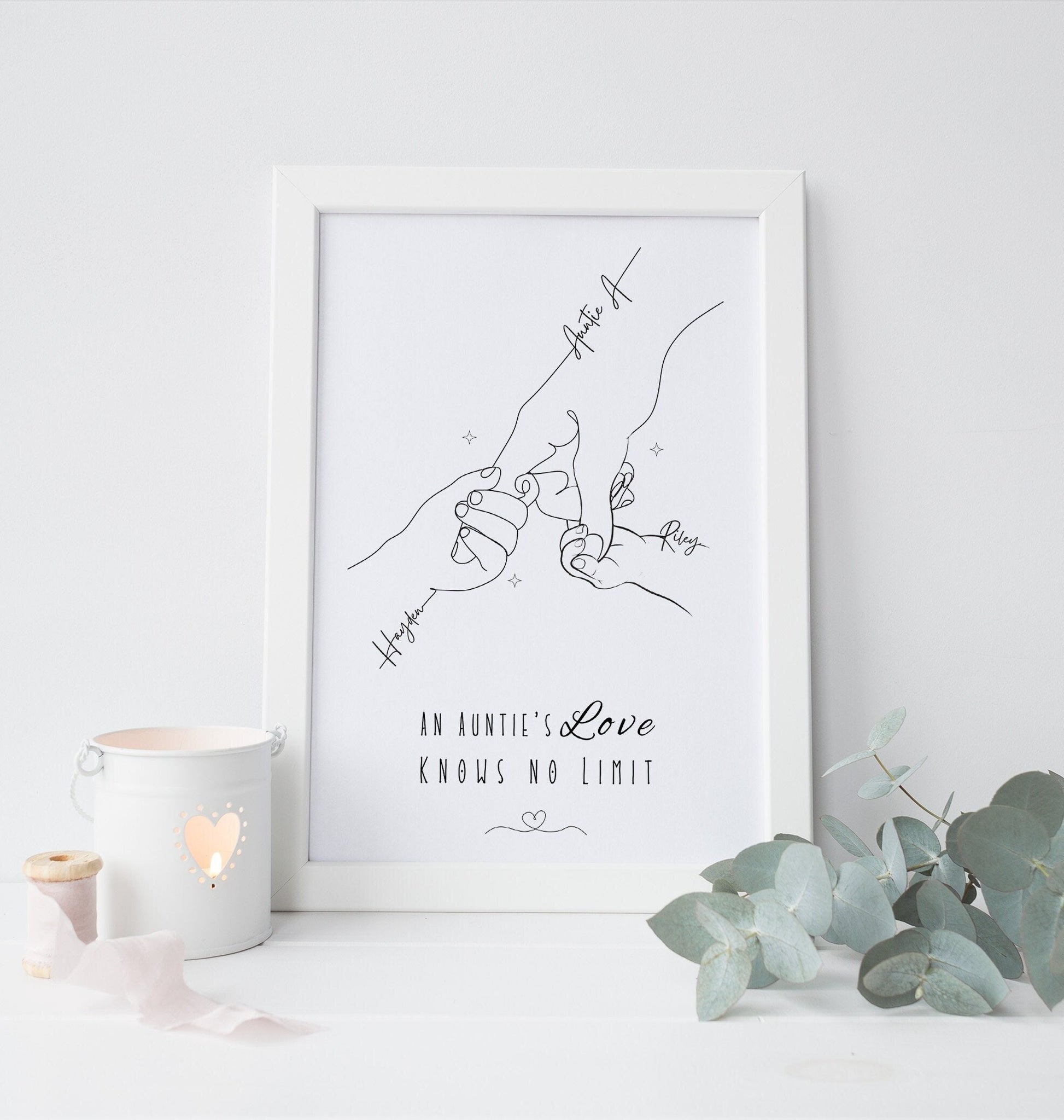 A framed minimalist line art print hanging featuring an illustration of an aunt holding the hands of her nieces or nephews. The simple black line drawing shows delicate hands each labeled with names and The phrase “An Aunty’s Love Knows No Limit”