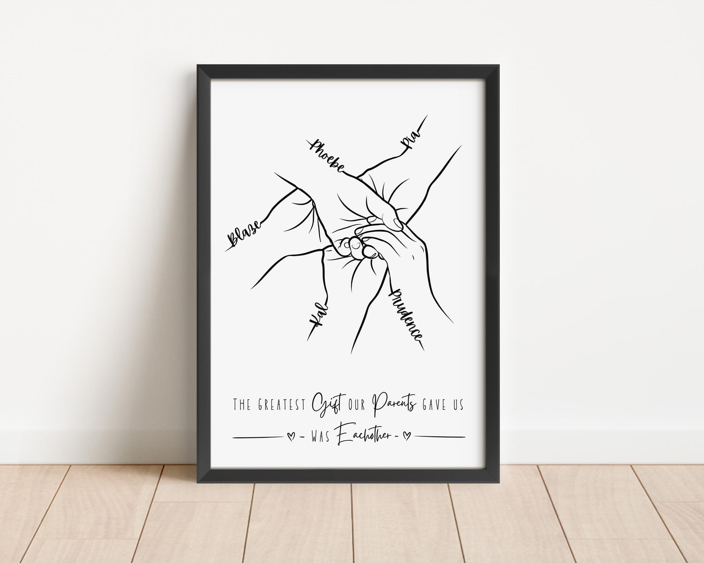 Line art drawing of two sibling hands, each with a name written on the palm. Beneath the hands is a quote that reads, &quot;The greatest gift our parents gave us was each other.&quot;