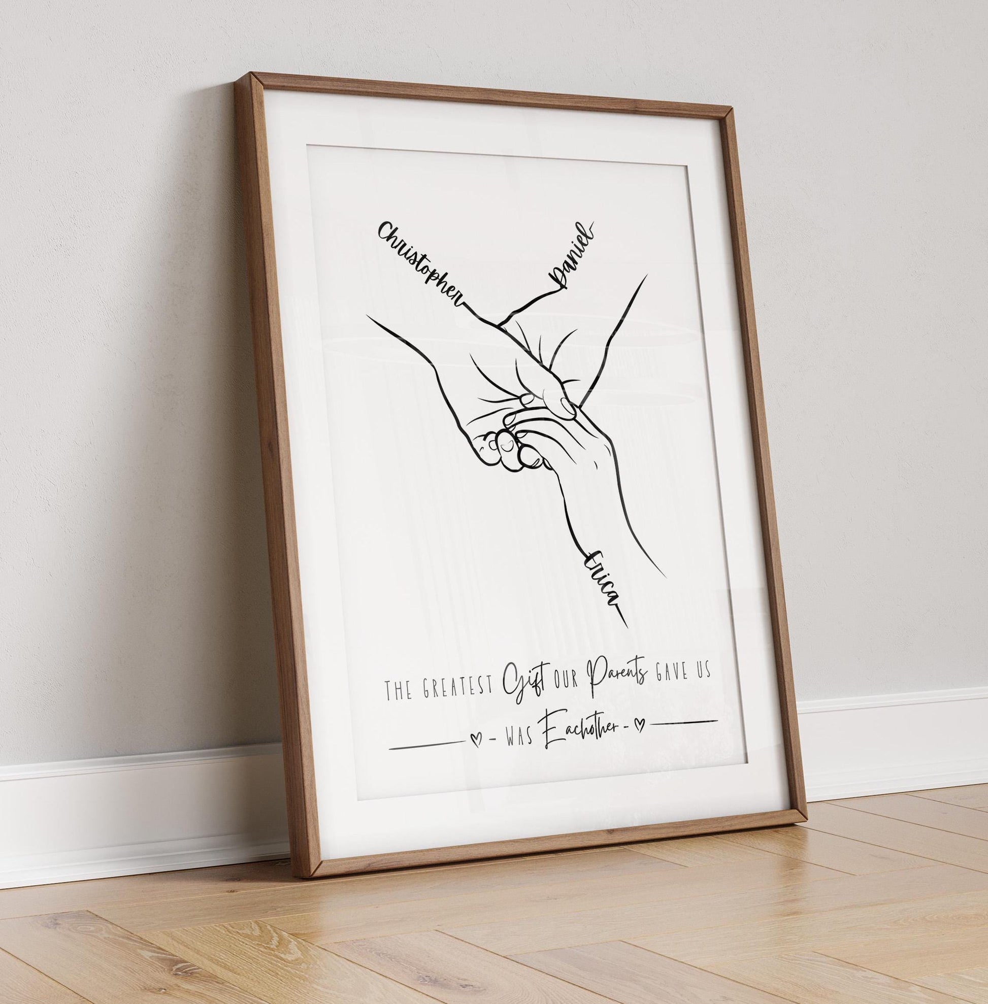 Line art drawing of two sibling hands, each with a name written on the palm. Beneath the hands is a quote that reads, &quot;The greatest gift our parents gave us was each other.&quot;