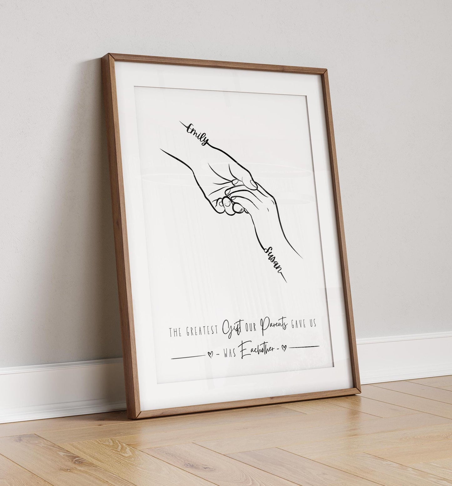 Line art drawing of two sibling hands, each with a name written on the palm. Beneath the hands is a quote that reads, &quot;The greatest gift our parents gave us was each other.&quot;
