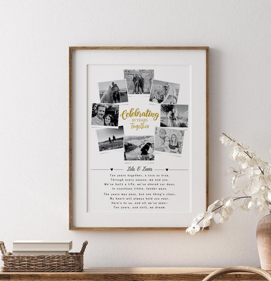 10th Anniversary print featuring 8 photos with a heartfelt quote and the first names of the couple above the quote.