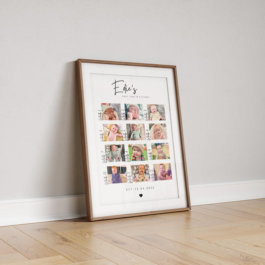 Custom First Year in Pictures Print – A beautiful collage featuring 12 photos, each representing a month of your child&#39;s first year. The months are labeled on each side, with your child&#39;s name displayed at the top.