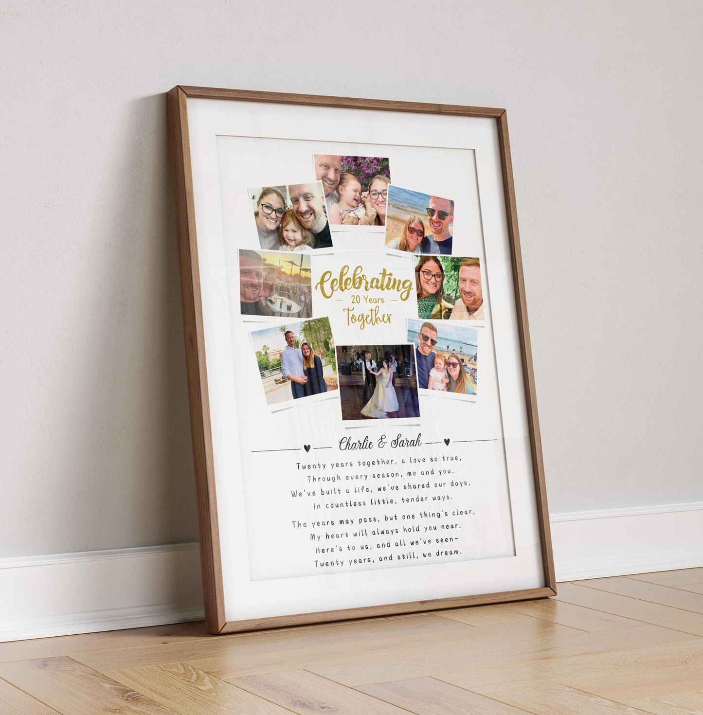 Personalised 20th Wedding Anniversary print featuring 8 photos, couple names, and a heartfelt quote. Custom design to celebrate two decades of love, perfect for a memorable anniversary gift.