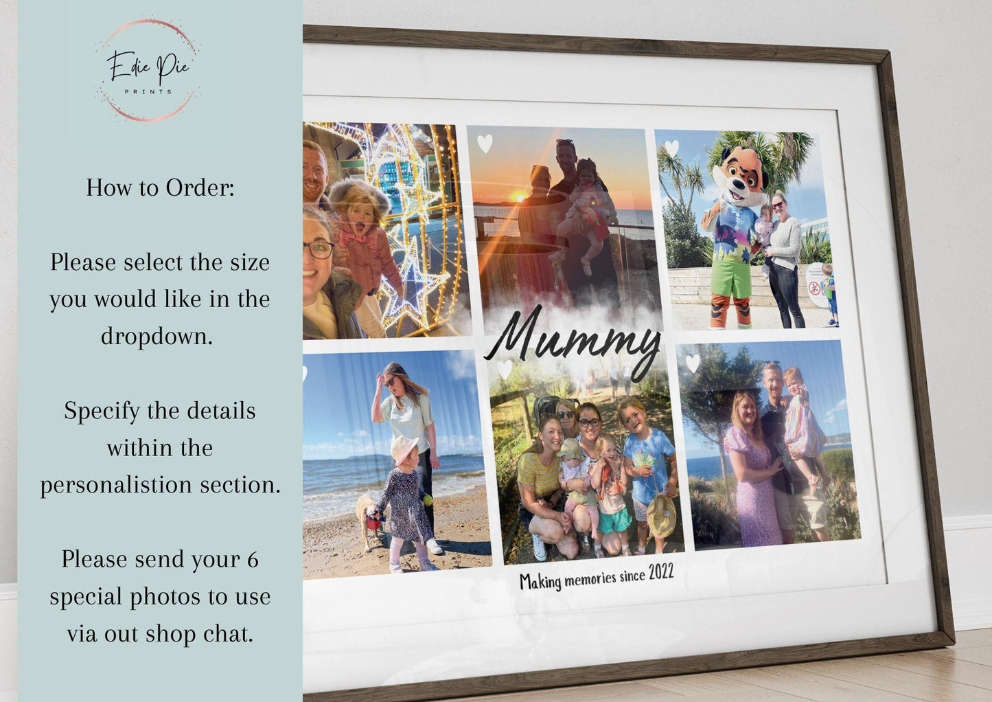 A framed personalized photo collage featuring six family pictures arranged in a grid. The center of the collage has the word &#39;Mummy&#39; written in elegant script, with the phrase &#39;Making memories since 2022&#39; below it. The photos capture various moments, including beach outings, family gatherings, and fun activities with a child. The frame is white, and small heart icons are placed on some of the images, adding a sentimental touch.