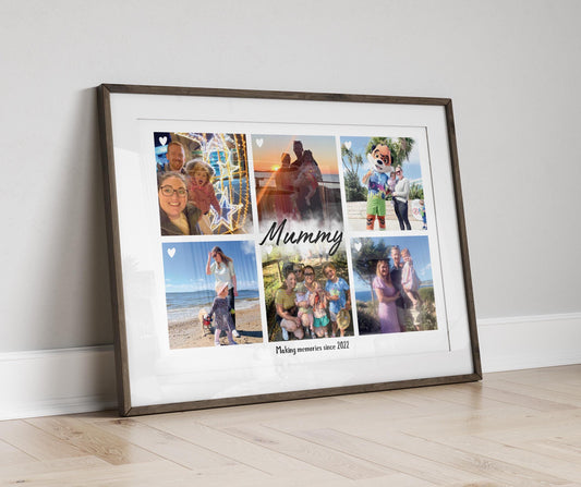 A framed personalized photo collage featuring six family pictures arranged in a grid. The center of the collage has the word &#39;Mummy&#39; written in elegant script, with the phrase &#39;Making memories since 2022&#39; below it. The photos capture various moments, including beach outings, family gatherings, and fun activities with a child. The frame is white, and small heart icons are placed on some of the images, adding a sentimental touch.