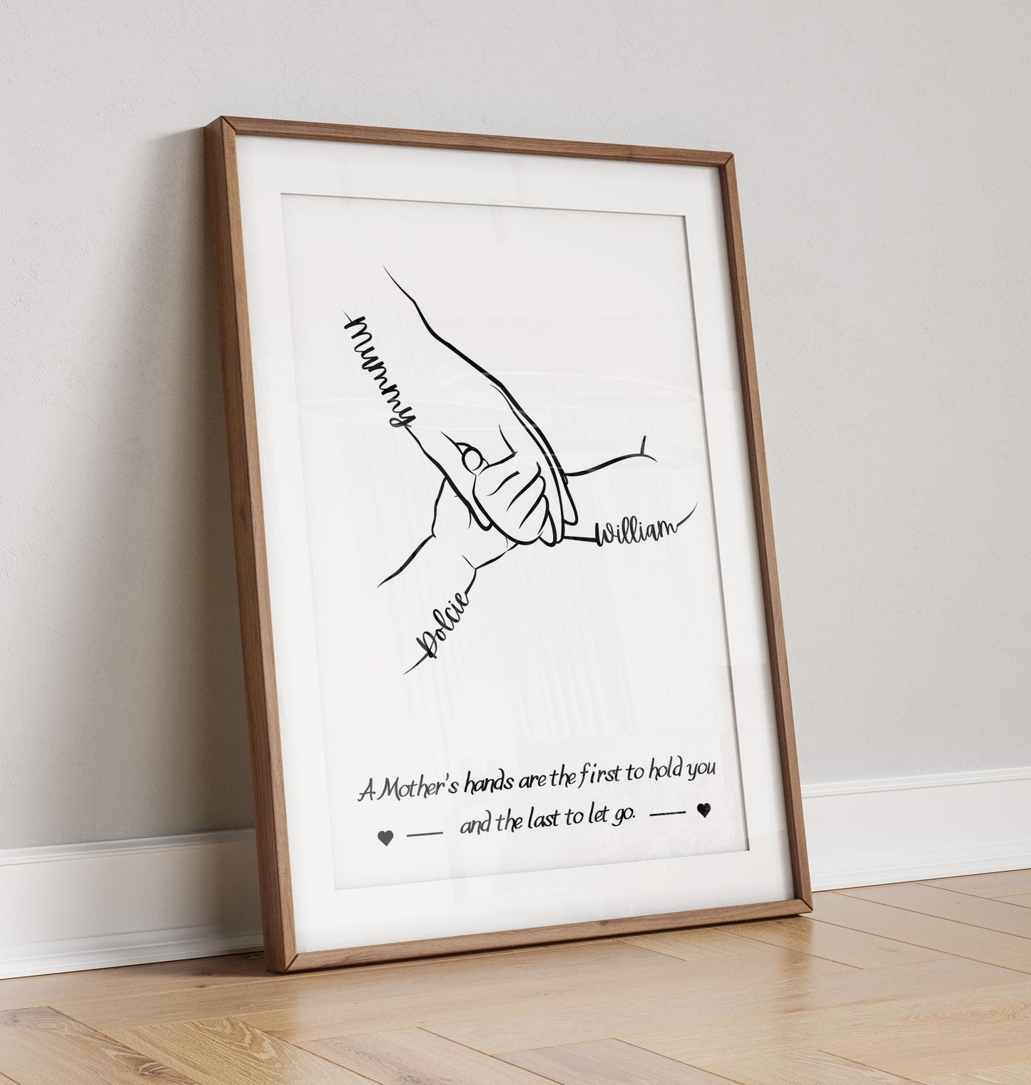 A line art illustration featuring a pair of hands, one labeled &quot;Mum, Mummy, Muma etc&quot; and the other labeled with the name of a child. The hands are gently holding each other, symbolizing love and care. Below the hands, a quote reads: &quot;A Mother’s hands are the first to hold you and the last to let go.&quot;