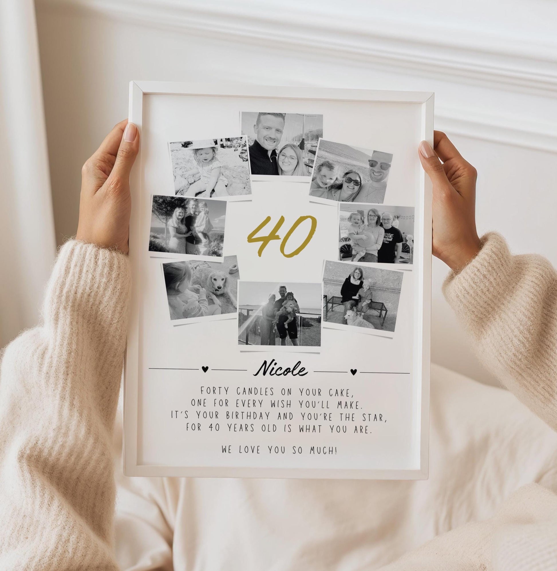 40th birthday gift print featuring the number 40 filled with a collage of personal photos. The design is personalized with the recipient&#39;s name and includes a heartfelt quote that reads: &#39;Forty candles on your cake, one for every wish you&#39;ll make, for it’s your birthday and you&#39;re the star, for 40 years old is what you are.&#39; A meaningful and custom keepsake to celebrate a milestone birthday.
