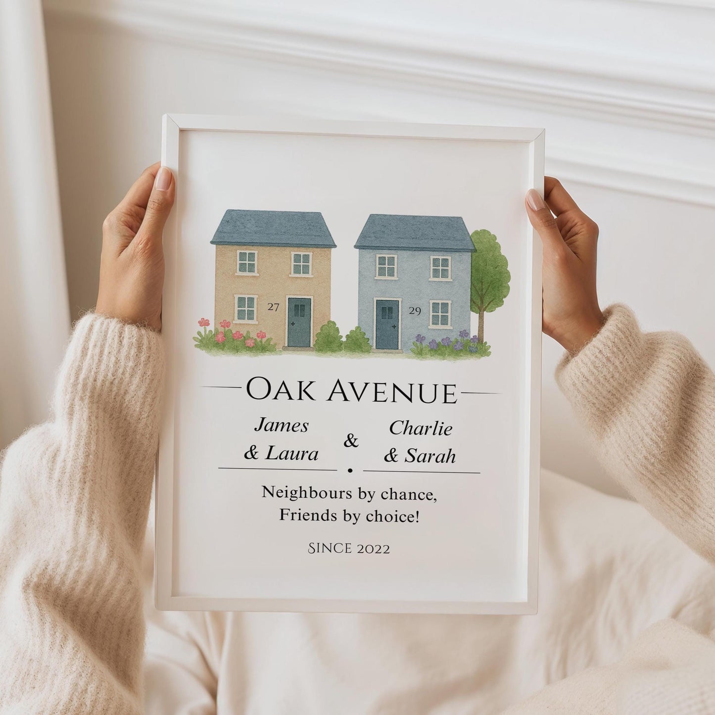Personalised neighbours gift print featuring two watercolour-style houses side by side, with the neighbours’ names, their shared street name, and the quote ‘Neighbours by chance, friends by choice’ elegantly displayed.