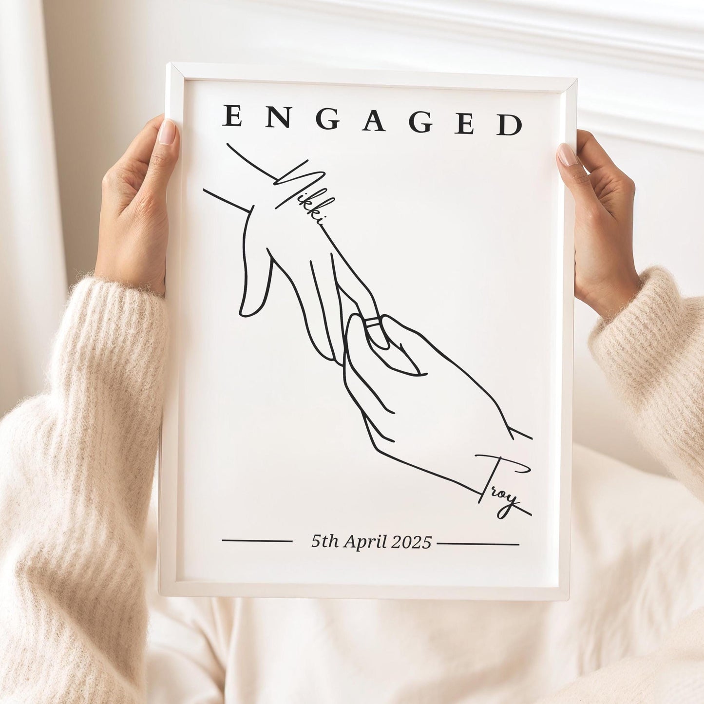 Custom Engagement Line Art Print: Personalised Couple Keepsake