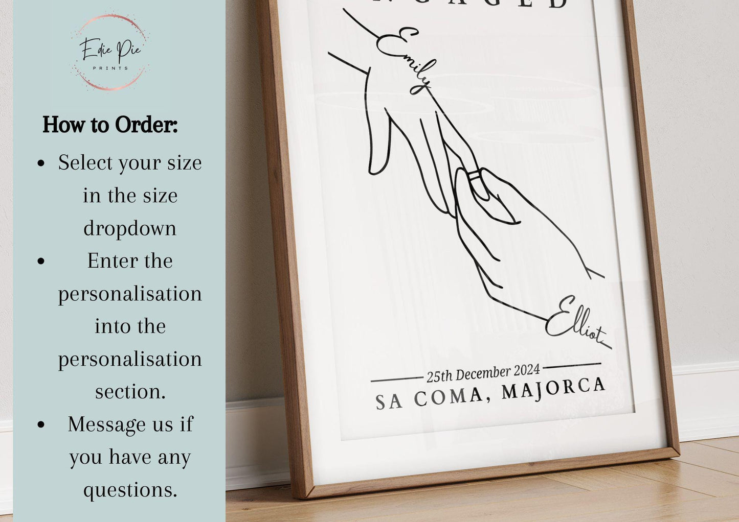 Custom Engagement Line Art Print: Personalised Couple Keepsake