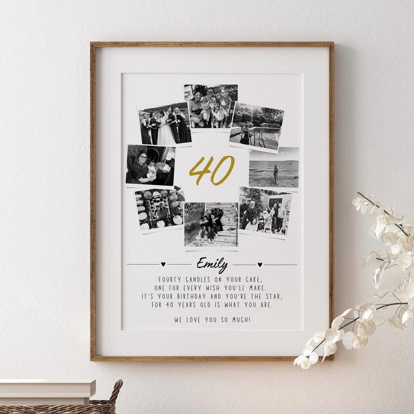 40th birthday gift print featuring the number 40 filled with a collage of personal photos. The design is personalized with the recipient&#39;s name and includes a heartfelt quote that reads: &#39;Forty candles on your cake, one for every wish you&#39;ll make, for it’s your birthday and you&#39;re the star, for 40 years old is what you are.&#39; A meaningful and custom keepsake to celebrate a milestone birthday.