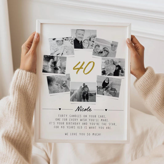 40th birthday gift print featuring the number 40 filled with a collage of personal photos. The design is personalized with the recipient&#39;s name and includes a heartfelt quote that reads: &#39;Forty candles on your cake, one for every wish you&#39;ll make, for it’s your birthday and you&#39;re the star, for 40 years old is what you are.&#39; A meaningful and custom keepsake to celebrate a milestone birthday.